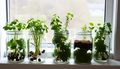 Zero-Waste Mason-Jar Herb Shelf: DIY Self-Watering Windowsill System to Regrow Kitchen Scraps into Continuous Fresh Herbs