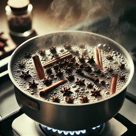 Whole cloves scattered on wooden surface with steam rising from brewed tea cup