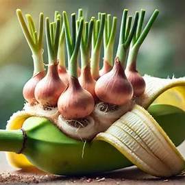 Onion bulb rooted in hollowed banana pseudostem section with emerging green shoots