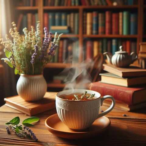 Steaming cup of tea with books and flowers on a wooden table in an article about herbal tea.