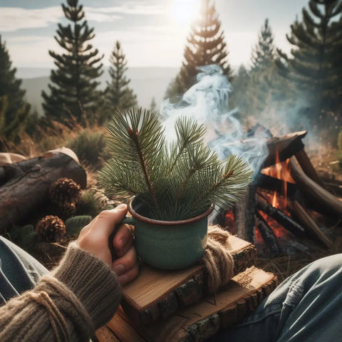 Hands in woolen sleeves holding a mug with pine branches, showcasing Pine Needle Tea.