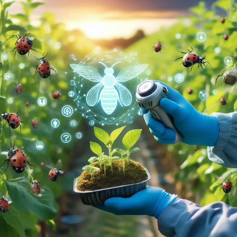 Holographic bee hovering over a small plant held by gloved hands in organic farming.