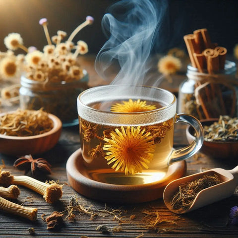 Steaming cup of herbal dandelion root tea with a yellow flower floating inside.