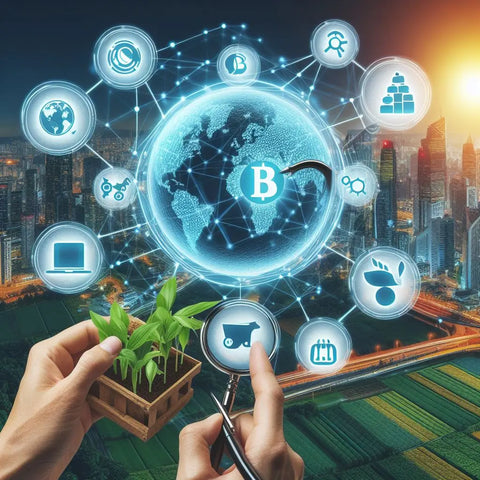 Holographic globe with tech and commerce icons illustrating blockchain in agribusiness sustainability.