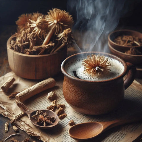 Steaming cup of dandelion root coffee with a flower floating on top.