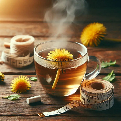 Glass mug of steaming dandelion tea with yellow flower, natural weight loss remedy.
