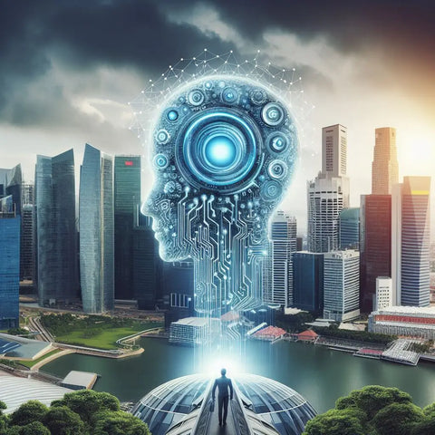 AI-powered digital head with blue eye overlooking a futuristic cityscape, symbolizing innovation.
