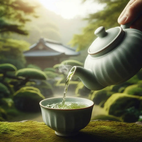 Teapot pouring green tea into a small bowl in article ’The Allure of Green Oolong Tea’.
