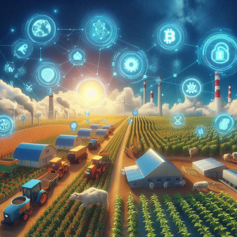 Futuristic agricultural landscape with tech and cryptocurrency icons above fields and factories.
