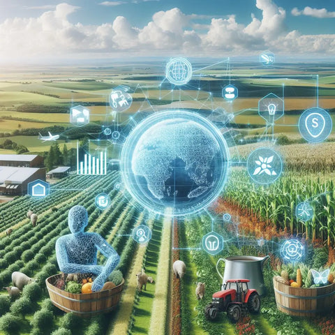 Futuristic agricultural landscape with holographic tech, global connectivity, smart farming.