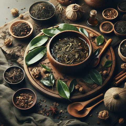 Steeping tea leaves surrounded by herbs, spices, and tea-making tools.