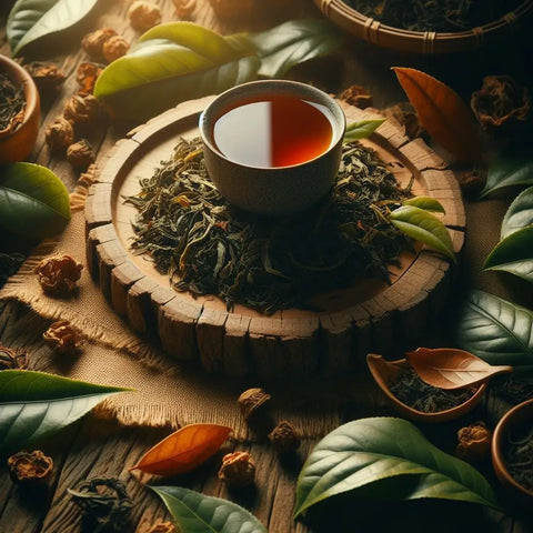 Cup of tea on wooden slice surrounded by loose tea leaves and various leaves.