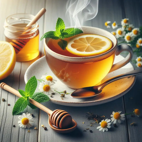 Cup of tea with lemon slice and mint leaves in an article about non-caffeinated tea options.