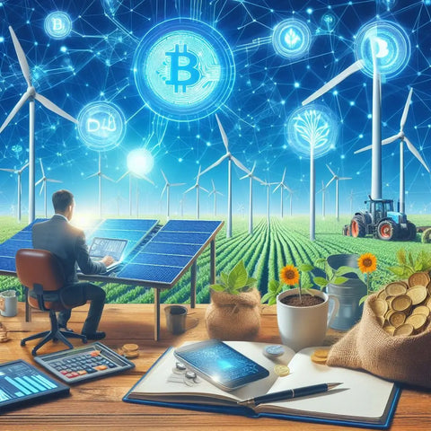 Illustration of cryptocurrency, renewable energy, and agriculture in sustainable agribusiness.
