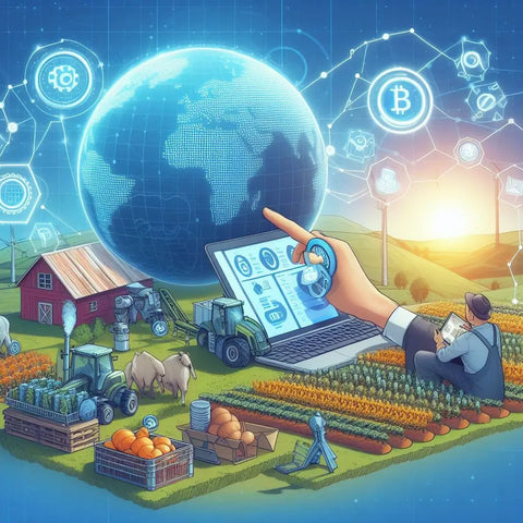 Digital globe with tech and crypto icons over agriculture scene in carbon footprint article.