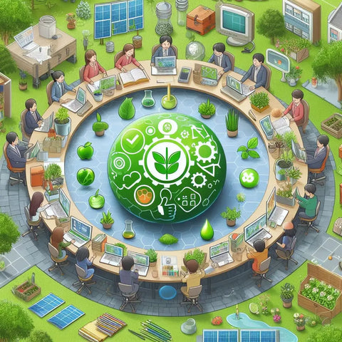 People working on laptops around a green sphere with eco icons, showcasing green education.