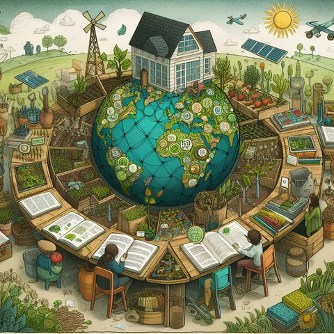 Globe with a house, books, plants, and sustainable energy elements on a circular desk.