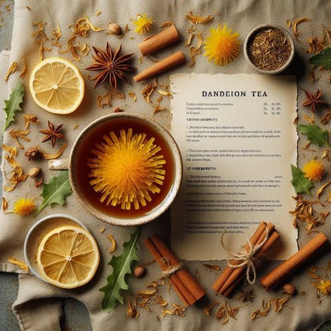 Cup of dandelion tea with herbs, spices, and recipe card in a health benefits article.