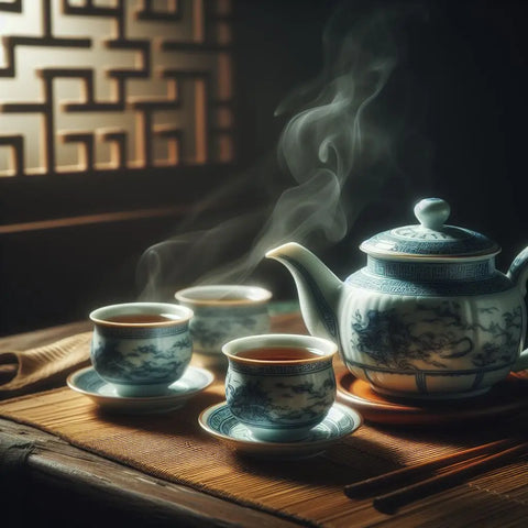 Traditional Chinese teapot and teacups with steaming Oolong tea on a wooden surface.