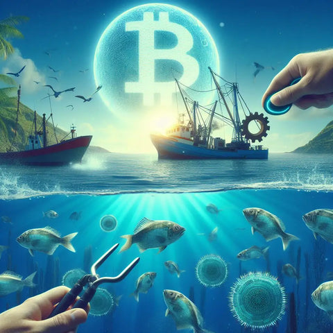 Glowing blue Bitcoin symbol over an ocean scene with ships and underwater life.