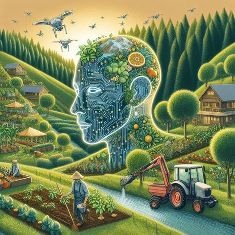 Surreal head blending technology and nature reflecting holistic permaculture principles.
