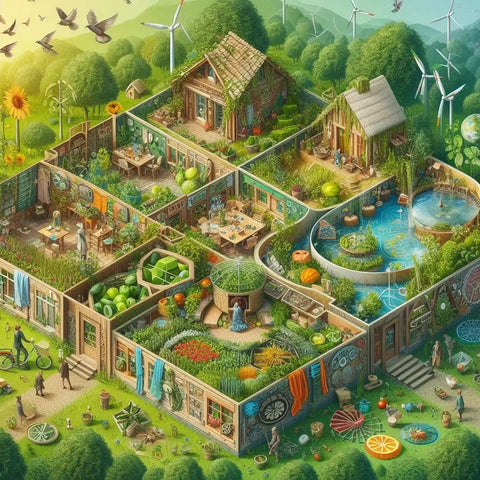 Whimsical eco-village with gardens, sustainable structures, and renewable energy features