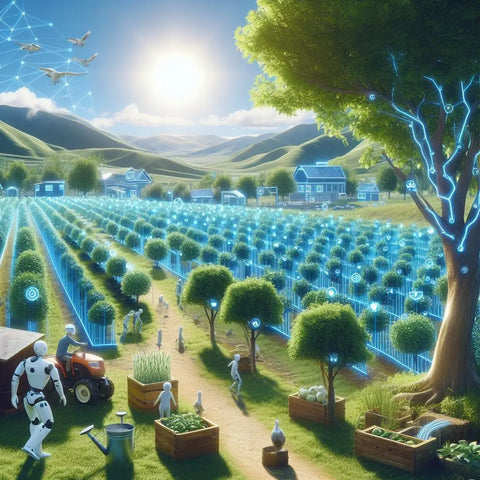 Futuristic farm with glowing blue plants and robots, highlighting sustainable agriculture.