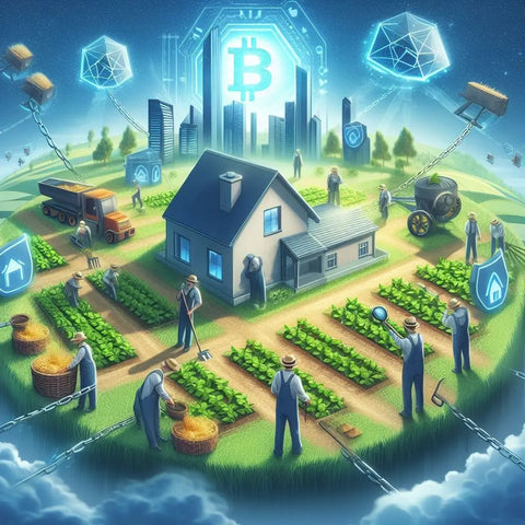 Futuristic farm blending cryptocurrency and agriculture for small ranchers.