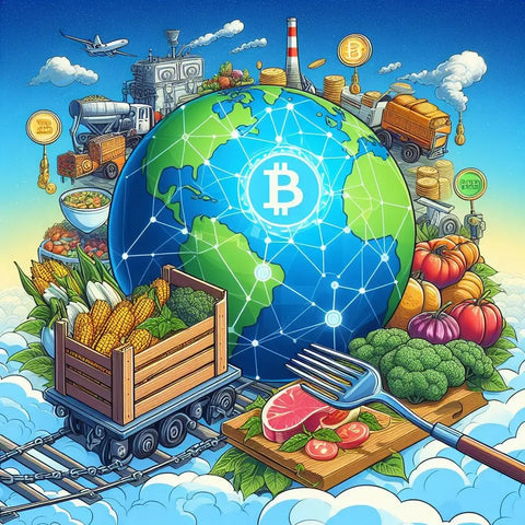 Globe with Bitcoin symbol, showcasing global trade and industry for blockchain in food sector.