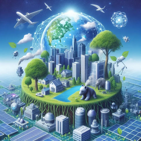 Futuristic cityscape on sphere with Earth, nature elements, and tech symbols for AI in conservation.