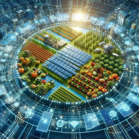Futuristic circular farm with diverse crops, solar panels, and high-tech digital elements.