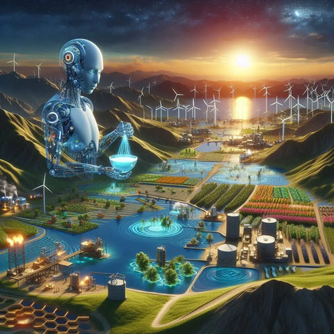 Humanoid robot overlooking a futuristic, sustainable city landscape.