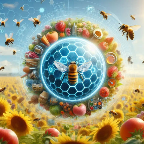 Glowing blue sphere with bee and honeycomb, surrounded by fruits, vegetables, and honey products.