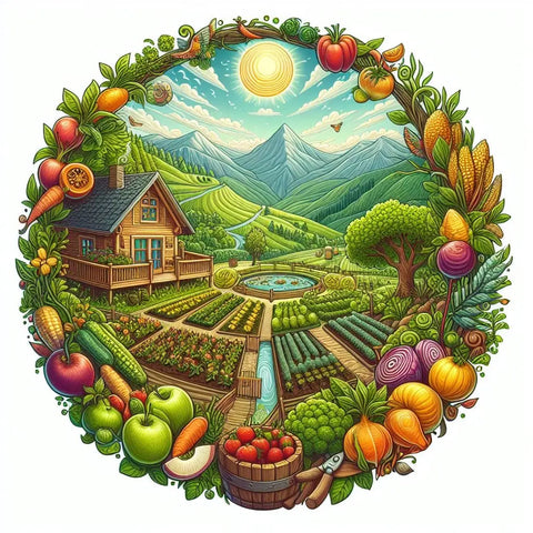 Lush farm landscape with cabin, gardens, and mountains framed by fruits and vegetables.