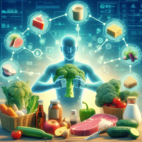 Digital figure with broccoli, highlighting blockchain in vegetarian food transparency.