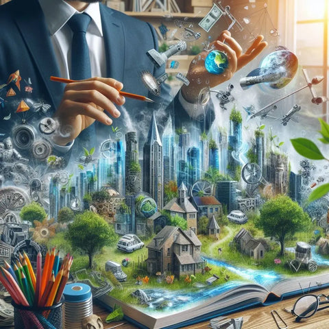 Open book revealing a fantastical cityscape blending nature, technology, and imagination.