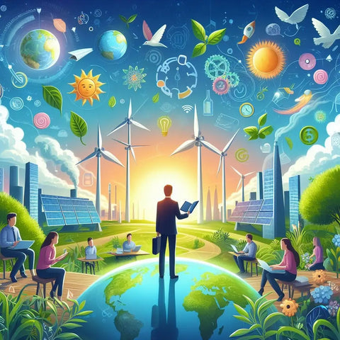 Colorful illustration of a sustainable future with renewable energy and global connectivity.