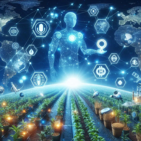 Glowing holographic figure amidst technological icons representing sustainable agriculture.