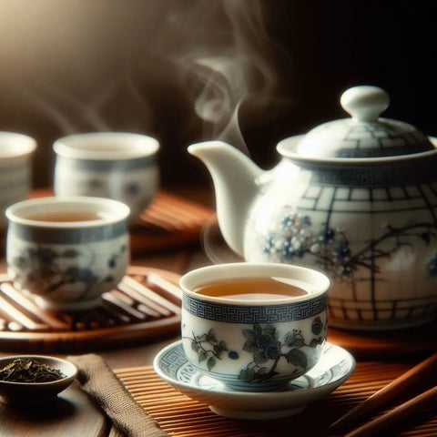 Traditional Chinese tea set with blue and white teapot and cups for Oolong tea.