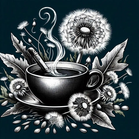 Steaming cup of coffee with dandelions and leaves in a stylized black and white illustration.