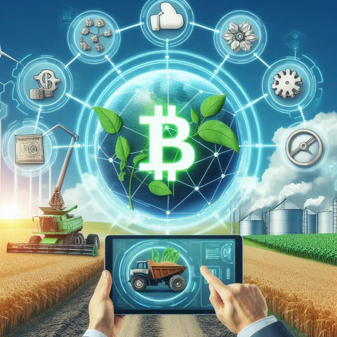 Glowing green Bitcoin symbol with leaves and industry icons - Blockchain in sustainable agriculture.