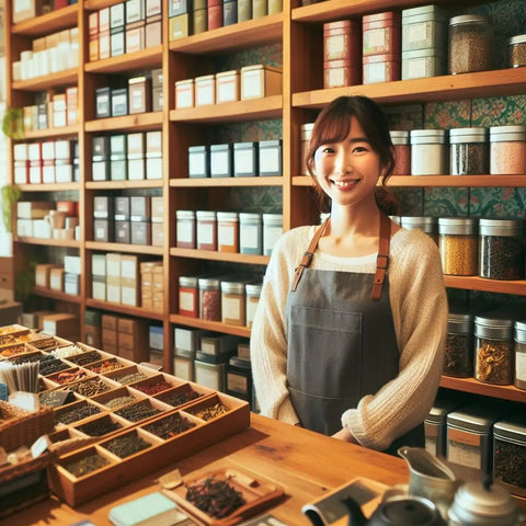 Friendly employee at a spice and tea shop, enhancing your loose leaf tea shopping experience.