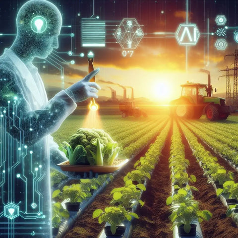 Futuristic figure pointing at a permaculture field with eco-friendly technology symbols.