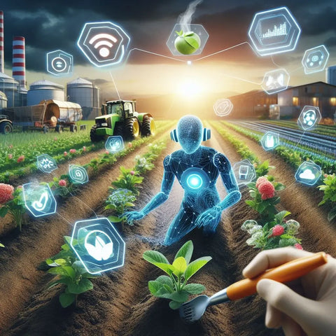Futuristic holographic figure in farm field with digital icons symbolizing agri-tech advancements.