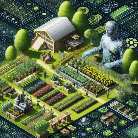 Futuristic farm blending traditional agriculture with digital technology in permaculture.