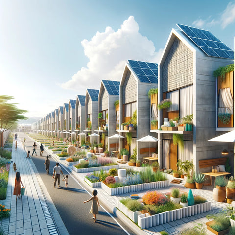 Modern eco-friendly houses with solar panels and lush gardens along a pedestrian walkway.