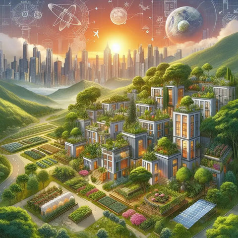 Futuristic eco-friendly cityscape with green buildings and urban gardens in ’Small-Scale Urban Permaculture’.