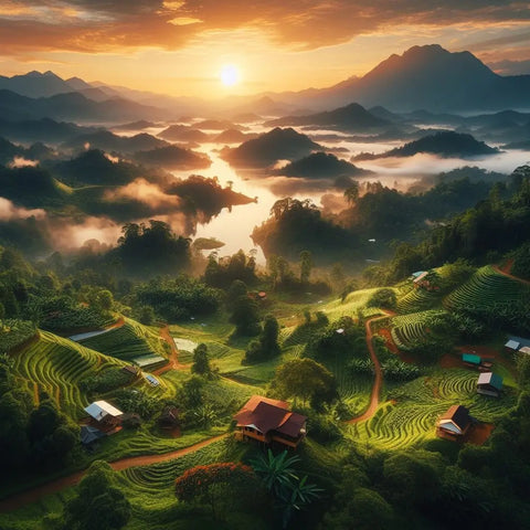 Misty mountains, terraced rice fields, golden sunset over river valley in modern nature.