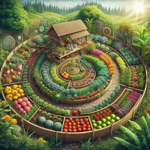 Circular garden with wooden shed, surrounded by rings of fruits, vegetables, and flowers.