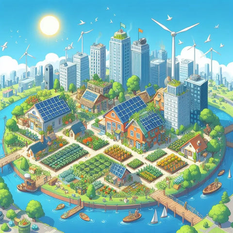 Sustainable city blending skyscrapers, eco-friendly suburbs, renewable energy, urban agriculture.